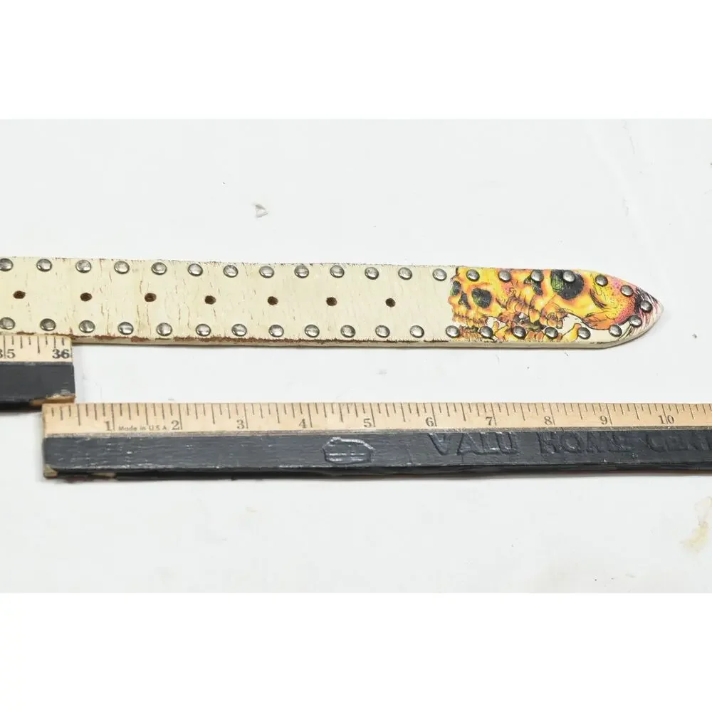 Ed Hardy Belt Mens Large Ivory Genuine Leather Skull Flames Studded Grommet Y2K